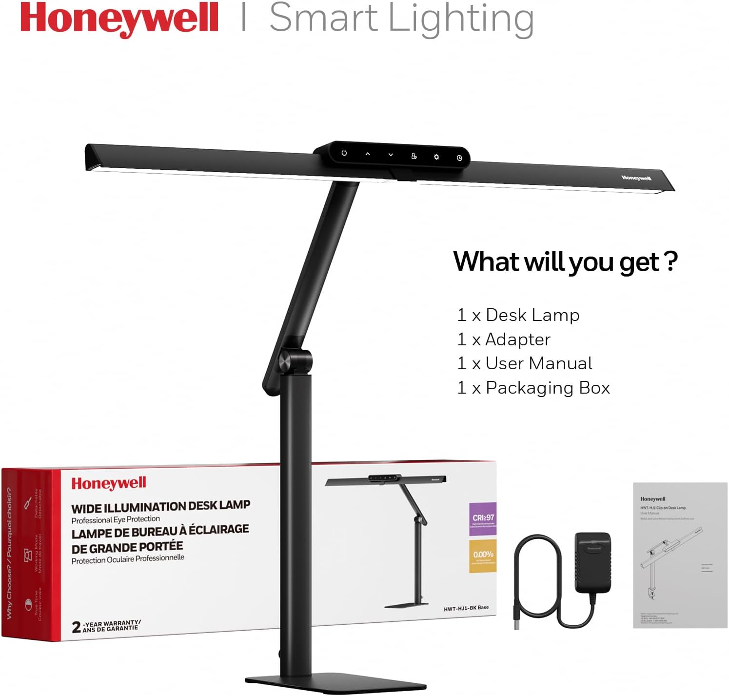 Honeywell LED Desk Lamp with Base - HJ1BK Sunturalux Eye-Caring Architect Desk Lamp for Home Office, 1200LM Computer Desk Light 4 Color Modes Stepless Dimming Task Desk Light with Timer Function Black