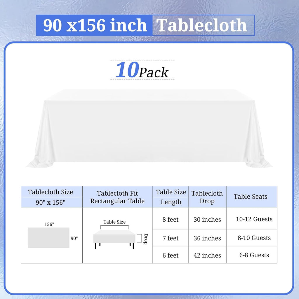 10 Pack Polyester Tablecloths, White 90 x 156 Inch Polyester Table Cloth for 8 Foot Rectangle Tables, Stain and Wrinkle Resistant Washable Fabric Table Cover for Wedding Banquet Restaurant Party