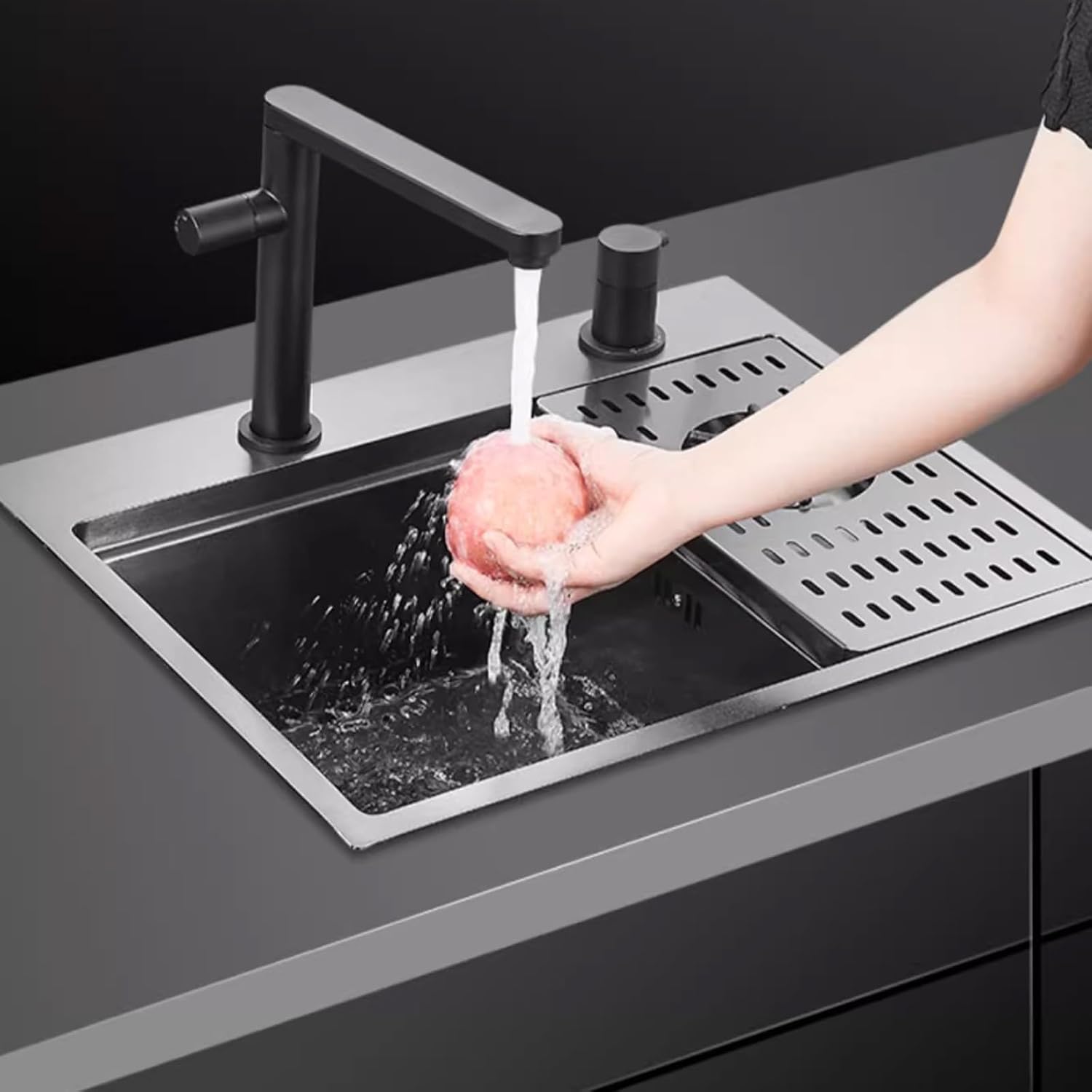 Black Bar Sink with Cup Washer Kitchen Single Bowl Sink with Cover Stainless Steel Sink Coffee Shop Sink Three-in-one Faucet (
