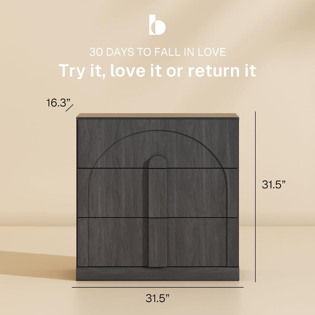 BELLEZE Sideboard Cabinet with 3 Drawers, Set of 2 Modern Wood Buffet Cabinet with Arc Design, Large Fluted Sideboard with Storage for Dining Room Living Room Entryway, Ebony