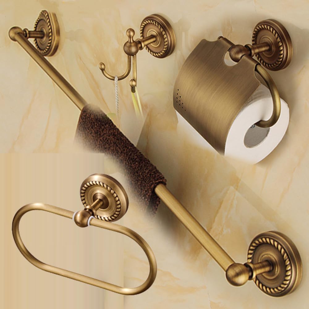 Solid Brass Bathroom Accessories Set,Robe Hook,Paper Holder,Towel Bar,Soap Basket,Bathroom Sets,Antique Brass,1