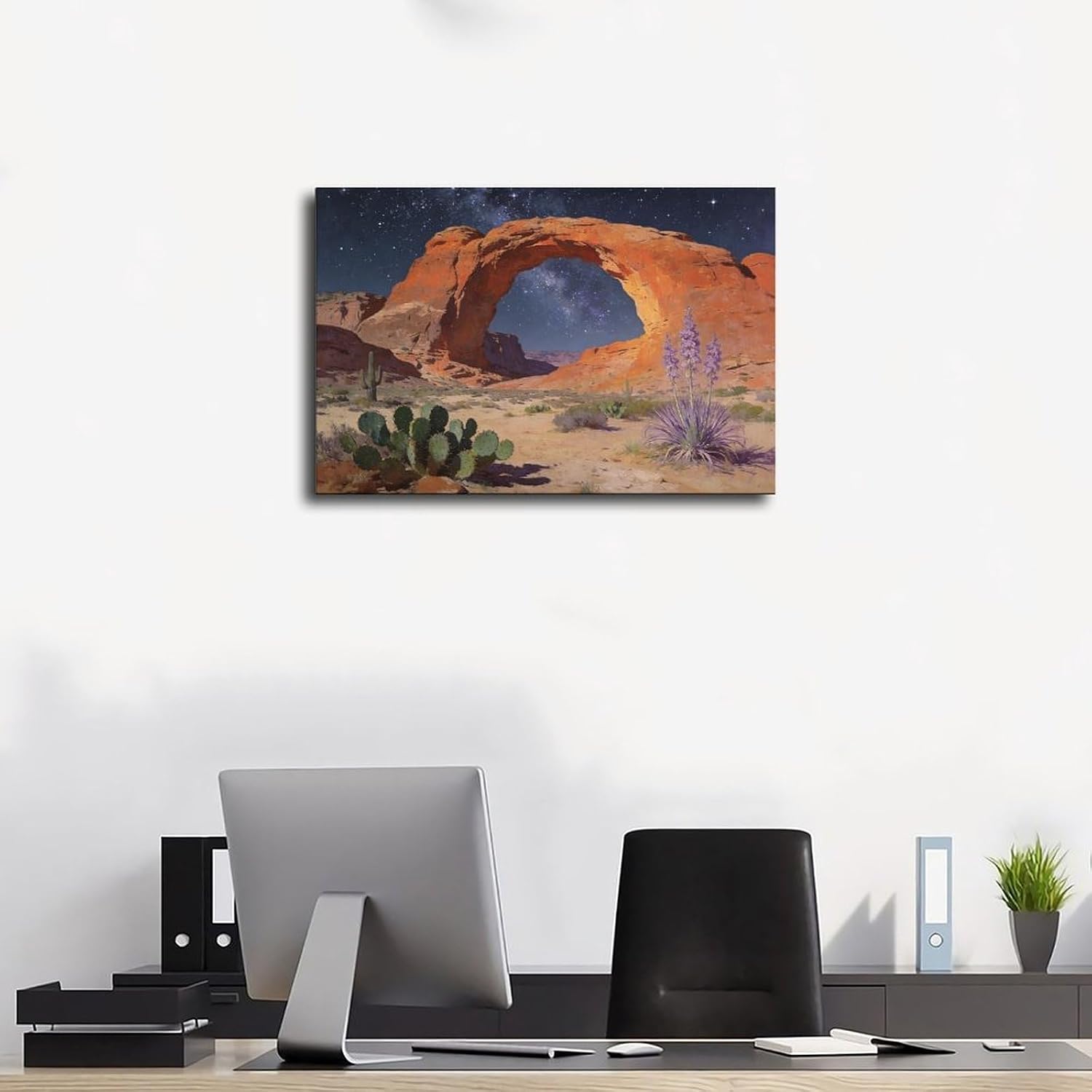 Frame Starry Night Desert Arch Wall Art Canvas Print, Milky Way Sky Over Red Rock Canyon Landscape Painting, Southwestern Cactus Decor 24x36inch(60x90cm)
