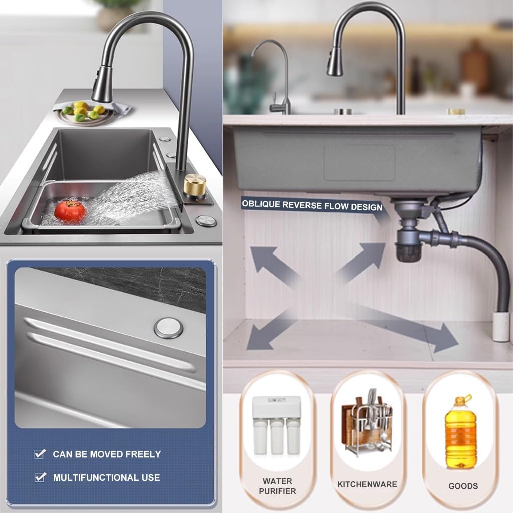 Stainless Steel Waterfall Sink Multi-functional Single Bowl Bar Sink with Pull-Out Faucet Kitchen Sink with Cup Washer Nano-Coated Workstation Sink (Color : A, Size : 75x45x22cm) (A 68x45x22cm)