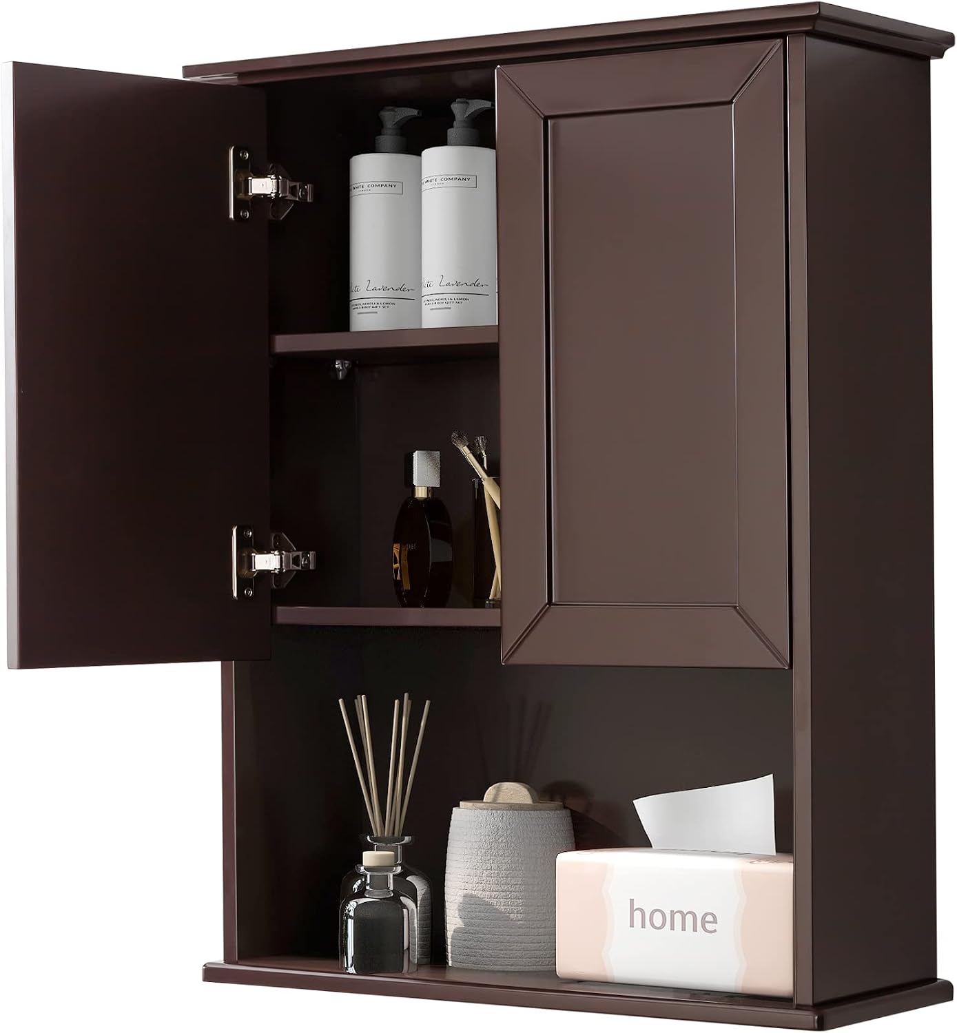 Dark Brown Bathroom Wall Cabinet Mounted Wooden Medicine Cabinets Espresso Over Toilet Storage Cabinet, 23x29 Inch Hanging Bathroom Wall Cabinet with 2 Doors & Adjustable Shelf, Soft Hinge