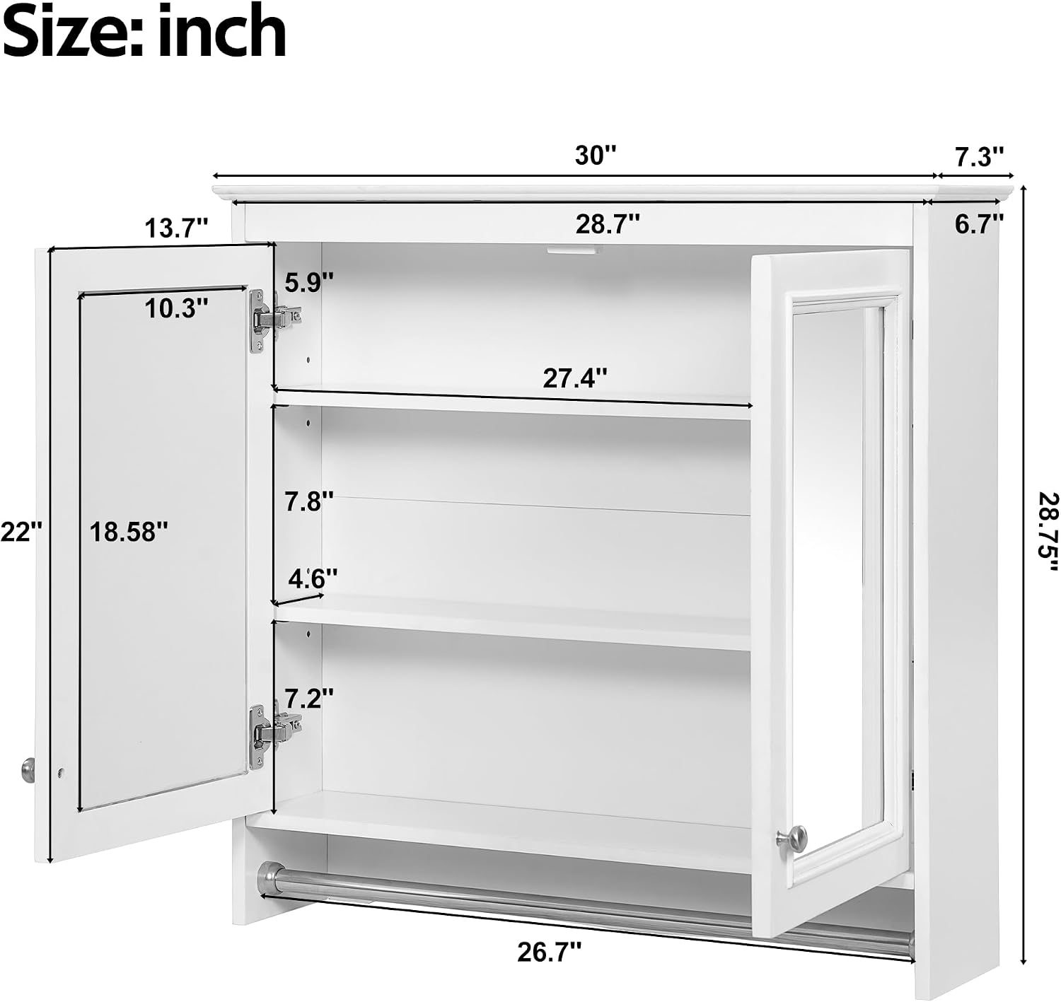 Merax 3-in-1 Bathroom Mirror Cabinet with Adjustable Shelves, Soft Close Doors & Towel Bar, 30' Wall Mounted Medicine Cabinet with High-Definition Mirror, Versatile Storage for Vanity, Bedroom, White