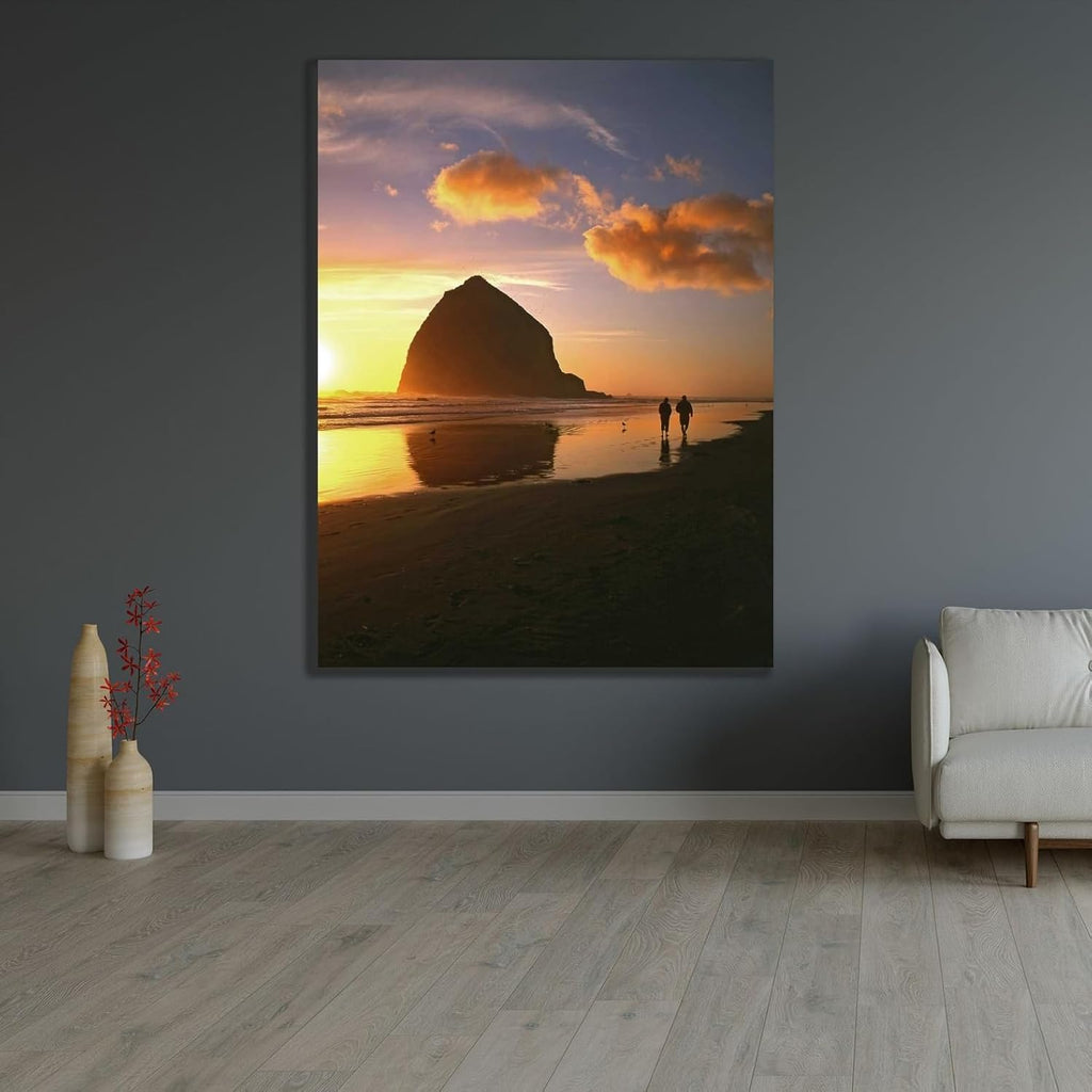 Terrill, Steve 28x37 Large Gallery Wrapped Stretched Canvas Art Titled: OR, Cannon Beach Couple by Haystack Rock, sunset