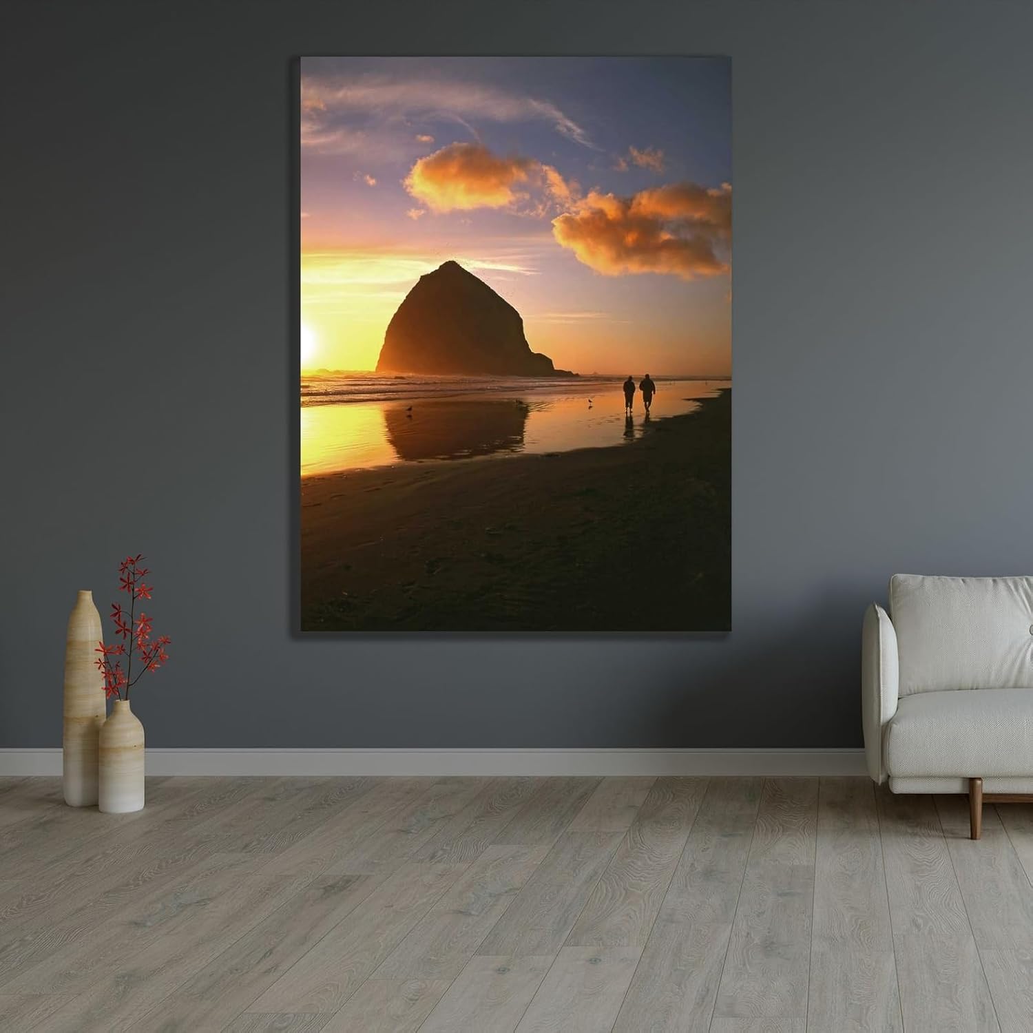 Terrill, Steve 28x37 Large Gallery Wrapped Stretched Canvas Art Titled: OR, Cannon Beach Couple by Haystack Rock, sunset