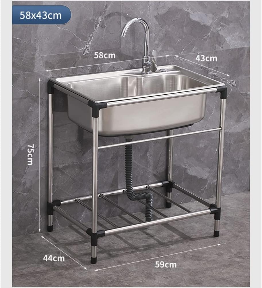 Free Standing Stainless Steel Single Bowl Sink with Faucet, Prep & Utility Washing Hand Basin W/Storage Shelves (Restaurant, Kitchen, Laundry, Garage) (Color : Silver, Size : 68x44cm) (Silver 58x