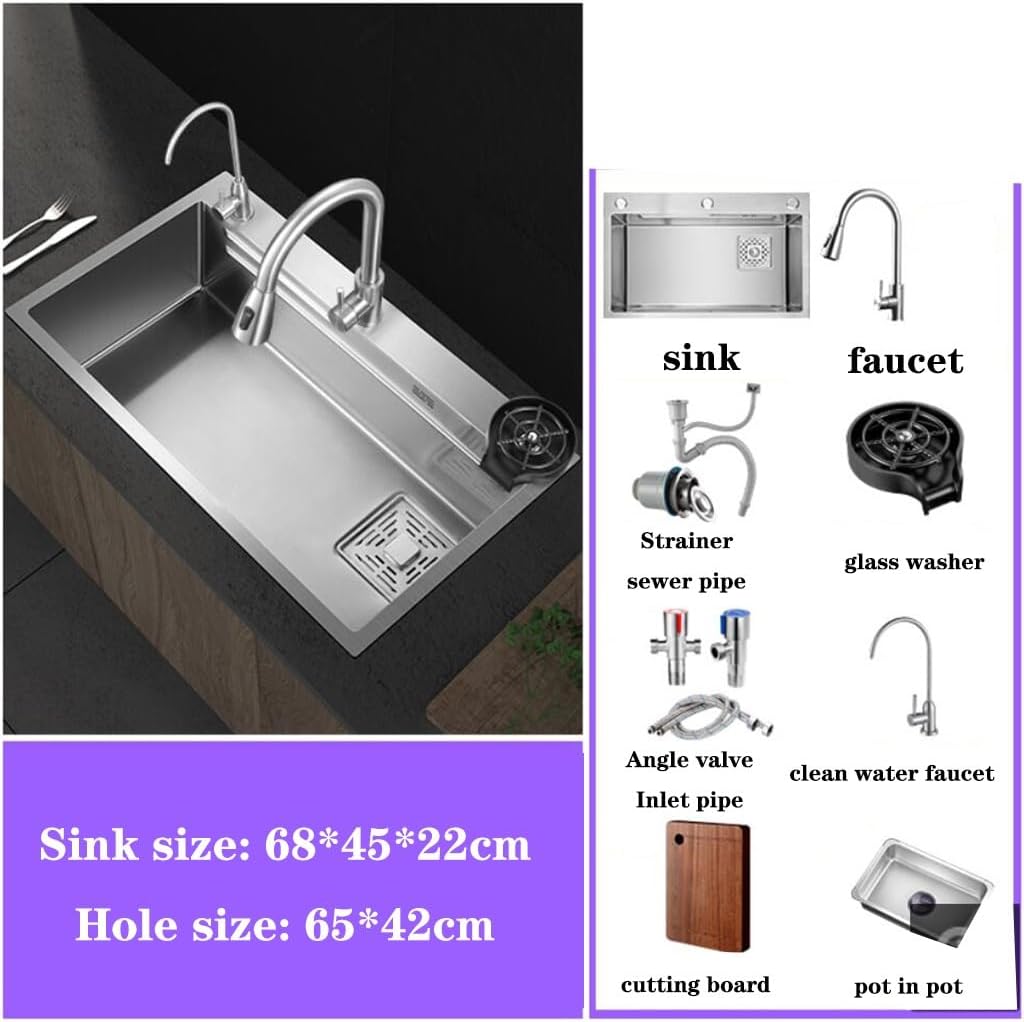 Kitchen Sinks, Single Bowl Vegetable Basin Single Bowl Sink Home Kitchen Stainless Steel Sink Double Steps Washisink Countertop Basin (68 * 45 * 22Cm