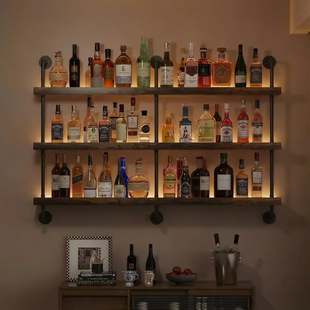 3-Tier Wall Mounted Wine Rack, Industrial Pipe Bar Shelf for Wine Bottle Storage, Industrial Pipe Shelves Shelf Shelving for Home Bar Dining Room Kitchen (47.2' W x 47.2' H)