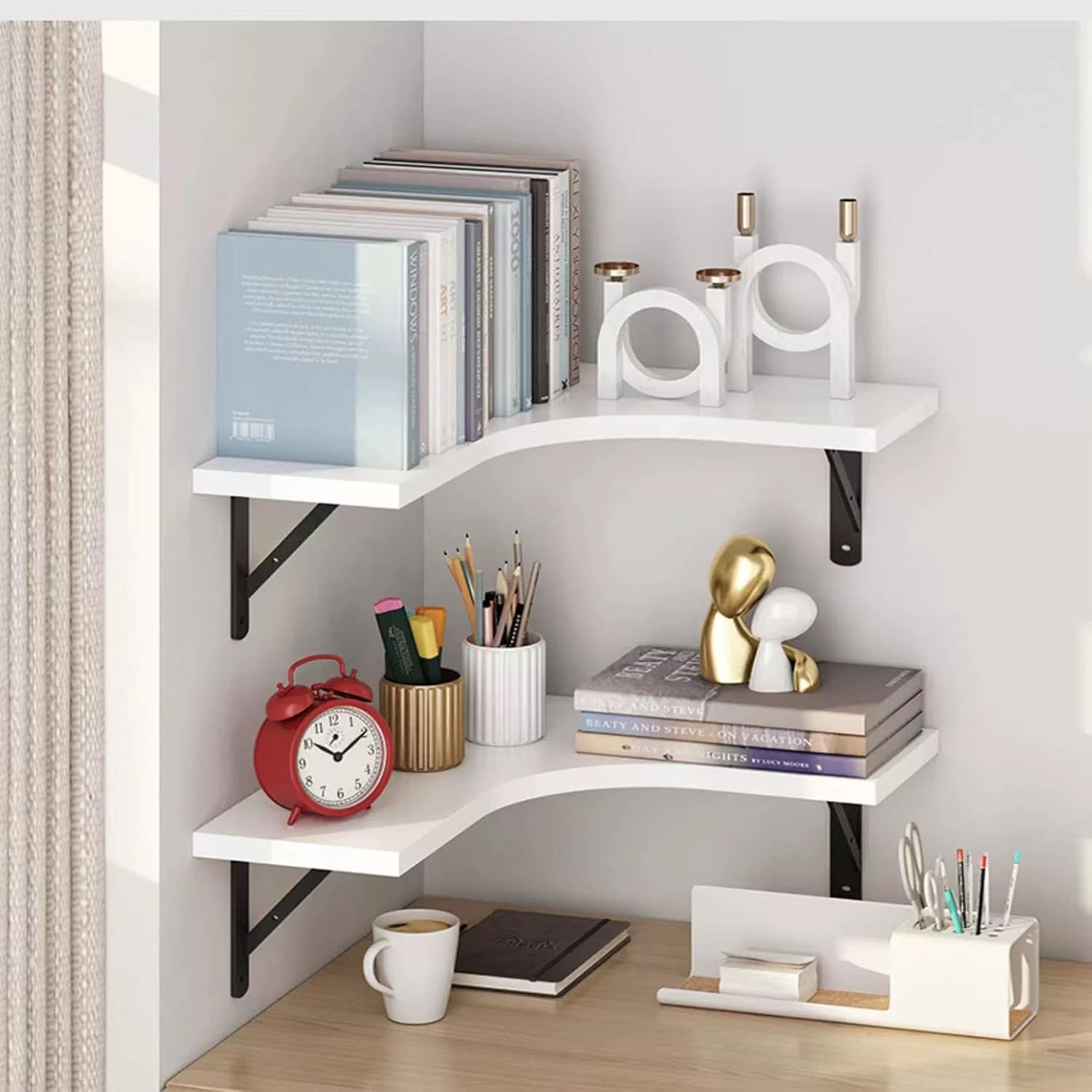 Floating Corner Bookshelf Wall Mounted Wood Shelf for Bedroom Living Room Office Bathroom Light Walnut 1 Tier Space Saving Storage Solution