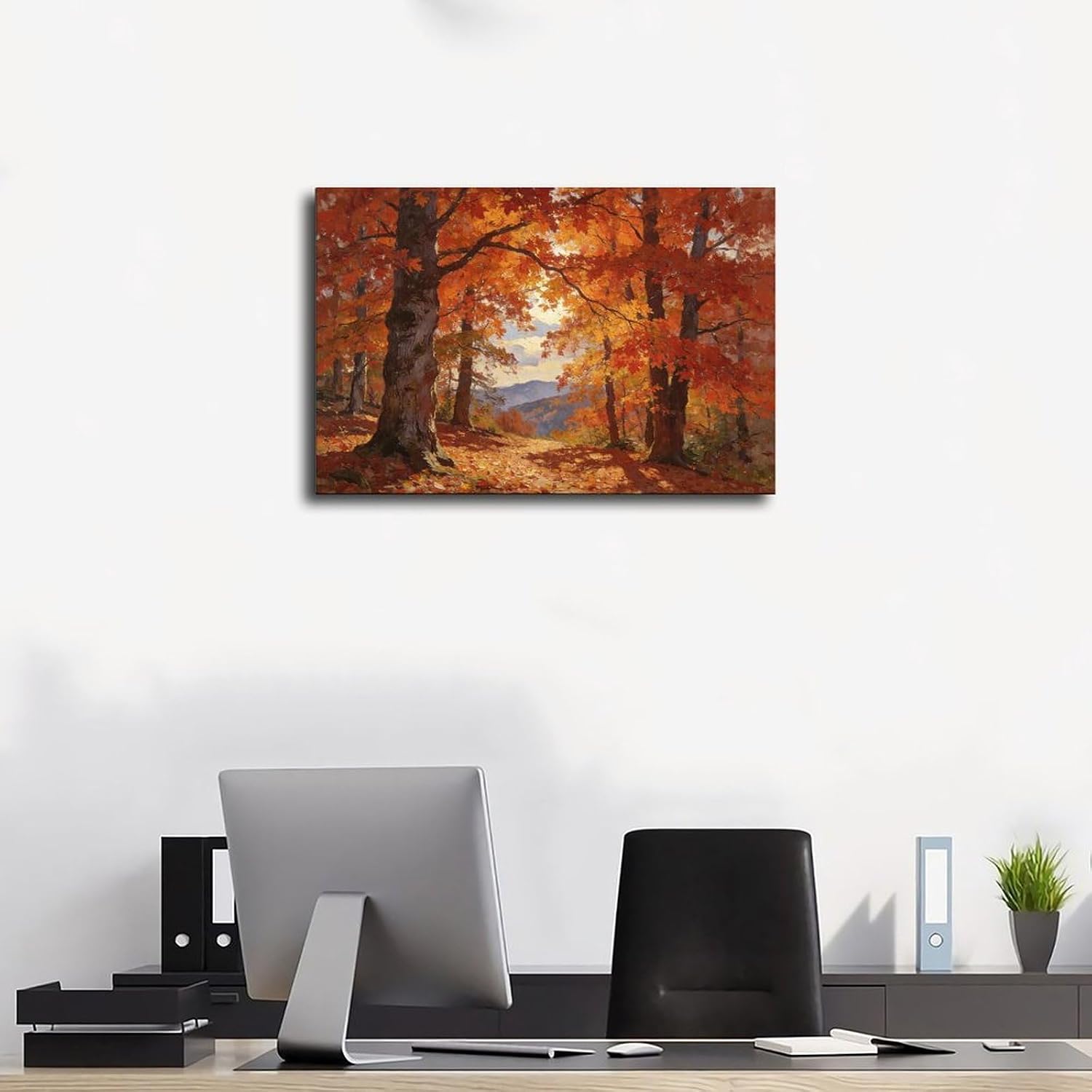 Autumn Forest Wall Art Print, Vibrant Red Maple Tree Landscape Painting, Fall Foliage Poster for Living Room Bedroom Decor 24x36inch(60x90cm)