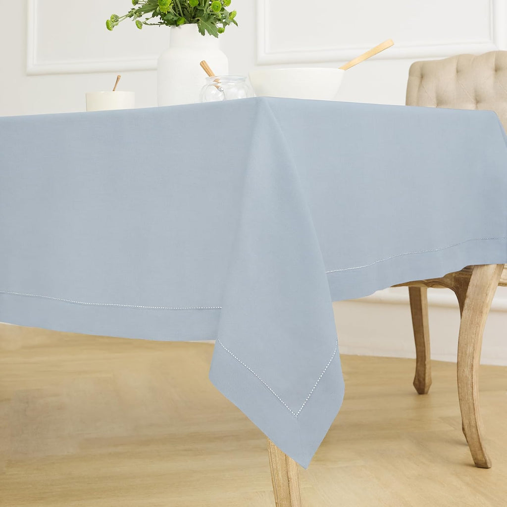 Solino Home Dusty Blue Linen Tablecloth 60 x 120 Inch - 100% Pure Linen Hemstitch Table Cloth for Rectangle Tables - Classic Hemstitch, Machine Washable Tablecloth for Summer