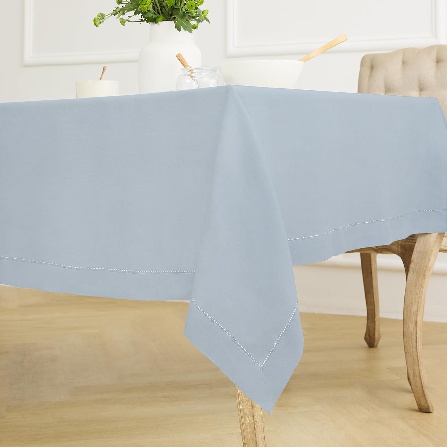 Solino Home Dusty Blue Linen Tablecloth 60 x 120 Inch - 100% Pure Linen Hemstitch Table Cloth for Rectangle Tables - Classic Hemstitch, Machine Washable Tablecloth for Summer