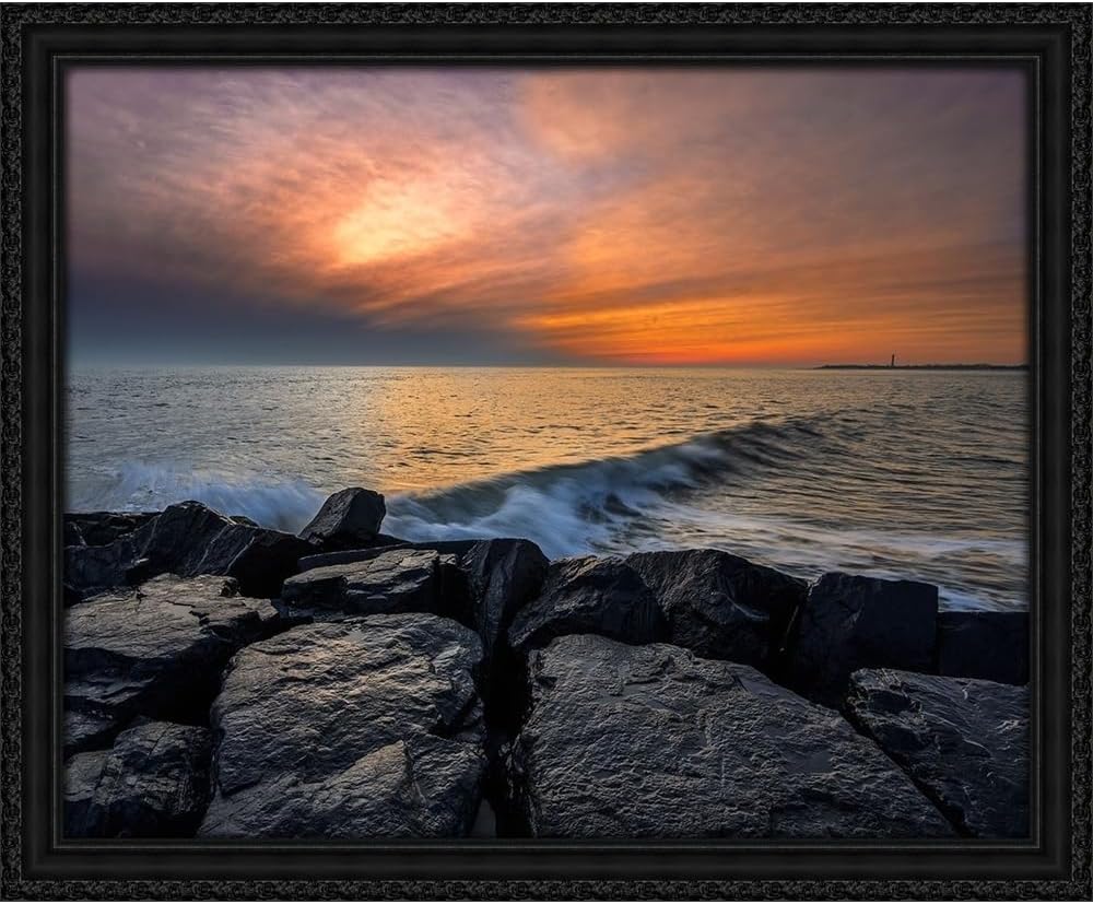 ArtDirect New Jersey-Cape May National Seashore Sunset on ocean and rocks 24x20 Black Ornate Wood Framed Canvas Giclee Art by Jaynes Gallery