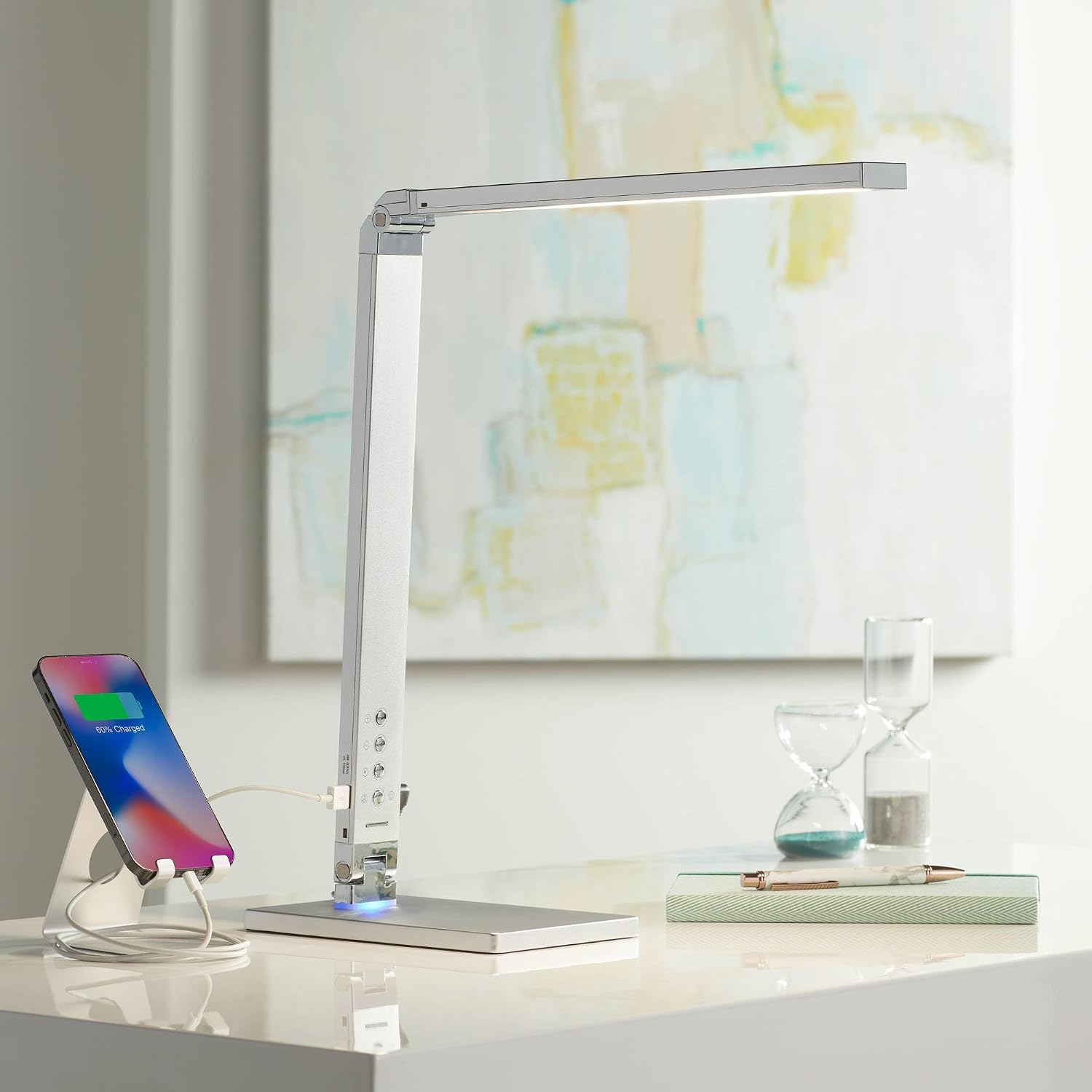 360 Lighting Jett Modern Desk Table Lamp 16 1/2' High with USB Charging Port and Nightlight LED Silver Aluminum Touch On Off Dimmer for Bedroom House Bedside Nightstand Home Office Reading