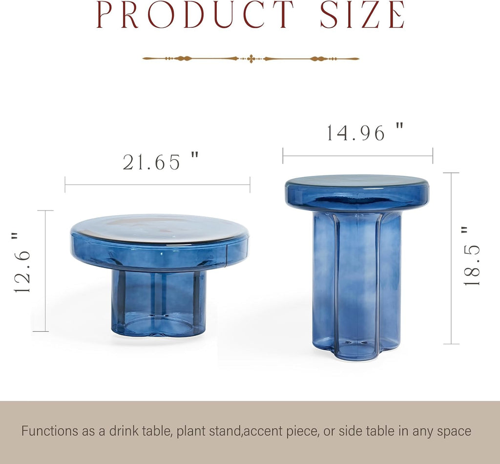 Coffee Table, Round Glass Side Table for Living Room, Modern Small End Table with Tempered Glass Top (Grey Green, 14.96') (Blue, 21.65in*12.6in)