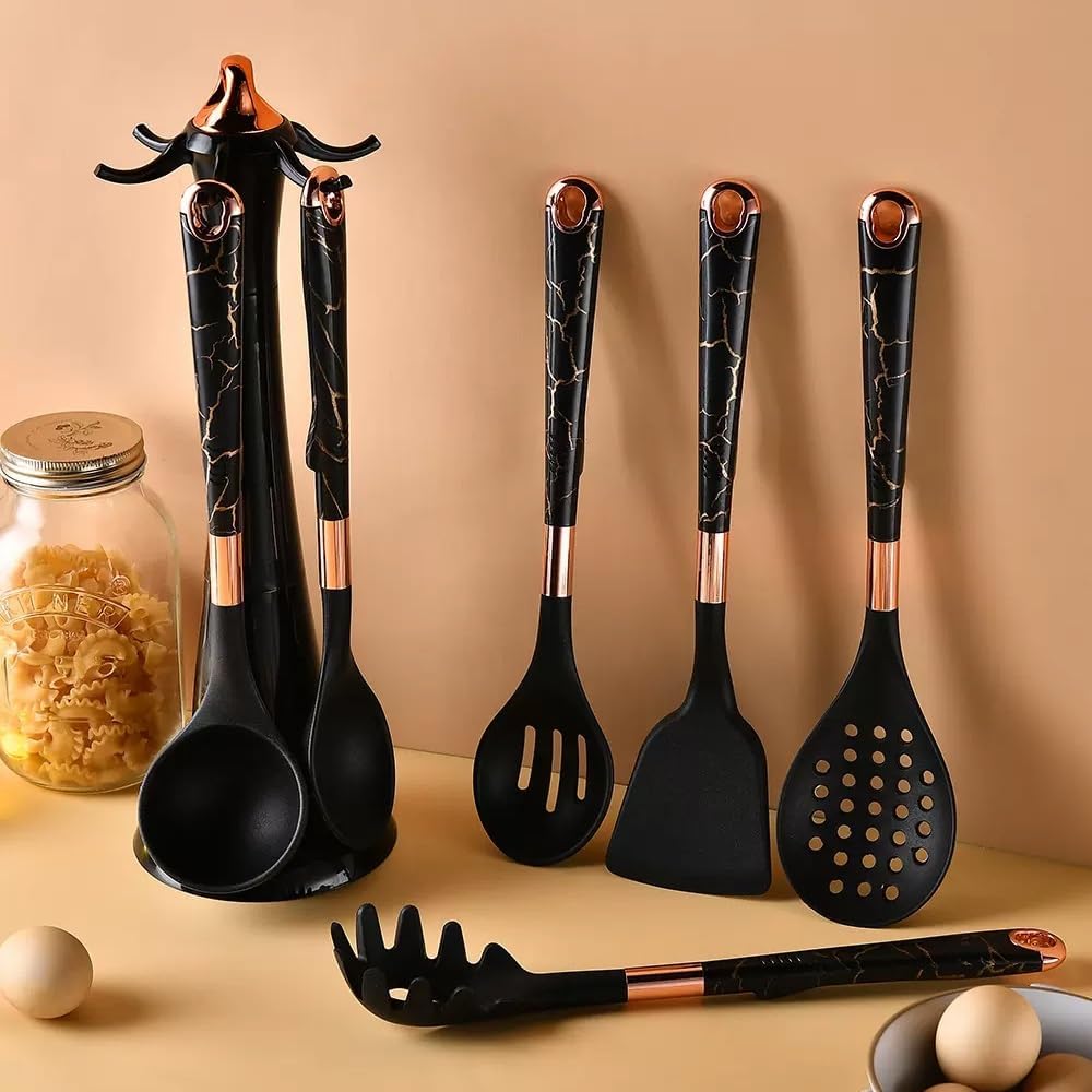 7PCS Silicone Cooking Utensils Set - 446°F Heat Resistant Kitchen Utensils Set - Perfect for Non-Stick Kitchen Cookware - Dishwasher Safe (Gray : Black)