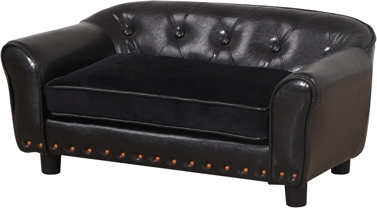 Dog Couch,Puppy Bed,Cat Sofa,Cat Couch,Pet Sofa,Dog Chair,Small Pet Bed with Copper Nail and Wooden Frame, Leather Fabric and Cushion,for Small Animals Using (Black)