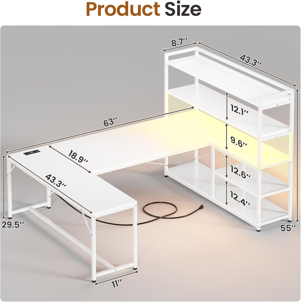 SEDETA L Shaped Computer Desk, 63' Reversible Office Desk or Corner Desk with Storage Shelves, White Gaming Desk with LED Lights, Power Outlet