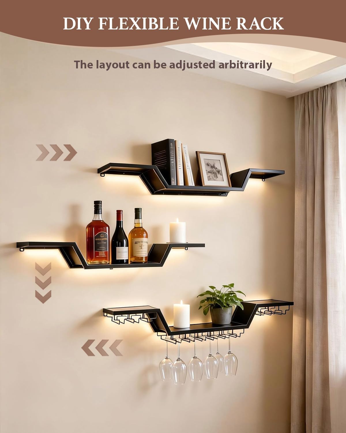 47.2 in Wall Mounted Wine Rack with Glass Holder,3-Tier | LED Light Floating Bar Shelves ,Wave Design, DIY Combinable, Heavy-Duty Metal Display for Home Bar, Cafe Decor