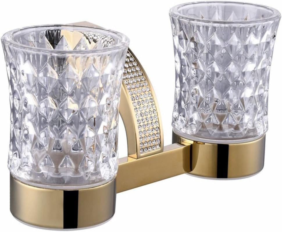 Crystal Bathroom Hardware Set Robe Hook Towel Rail Rack Bar Shelf Toothbrush Holder Bathroom Accessories Gold/Chrome,Double Cups Gold