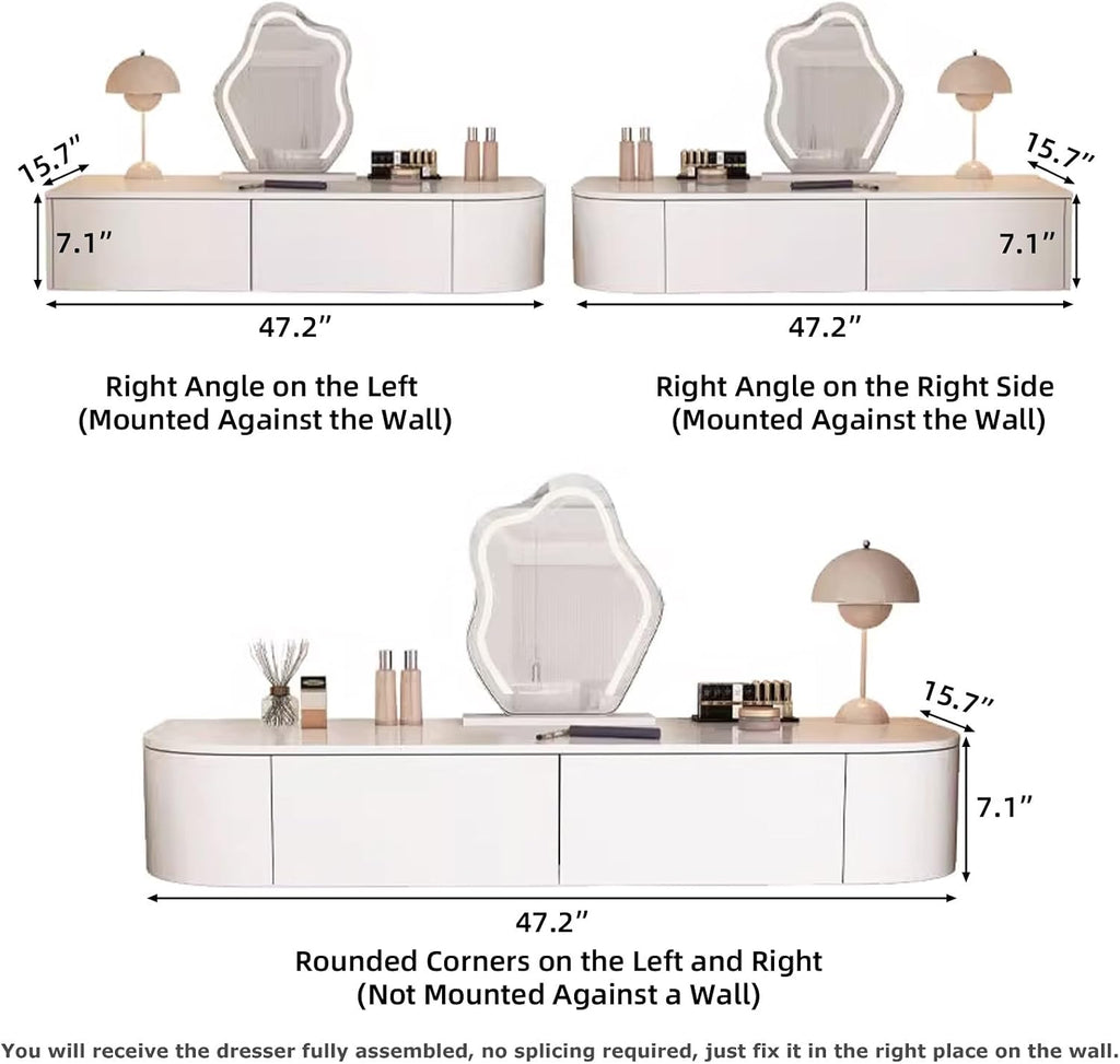 Corner Floating Desk with Drawers, Floating Vanity Makeup Table, Small Wall Mounted Floating Dressing Table Wall Storage Set, Wood Floating Shelf with Drawers, Modern White Vanity with Lighted Mirror(