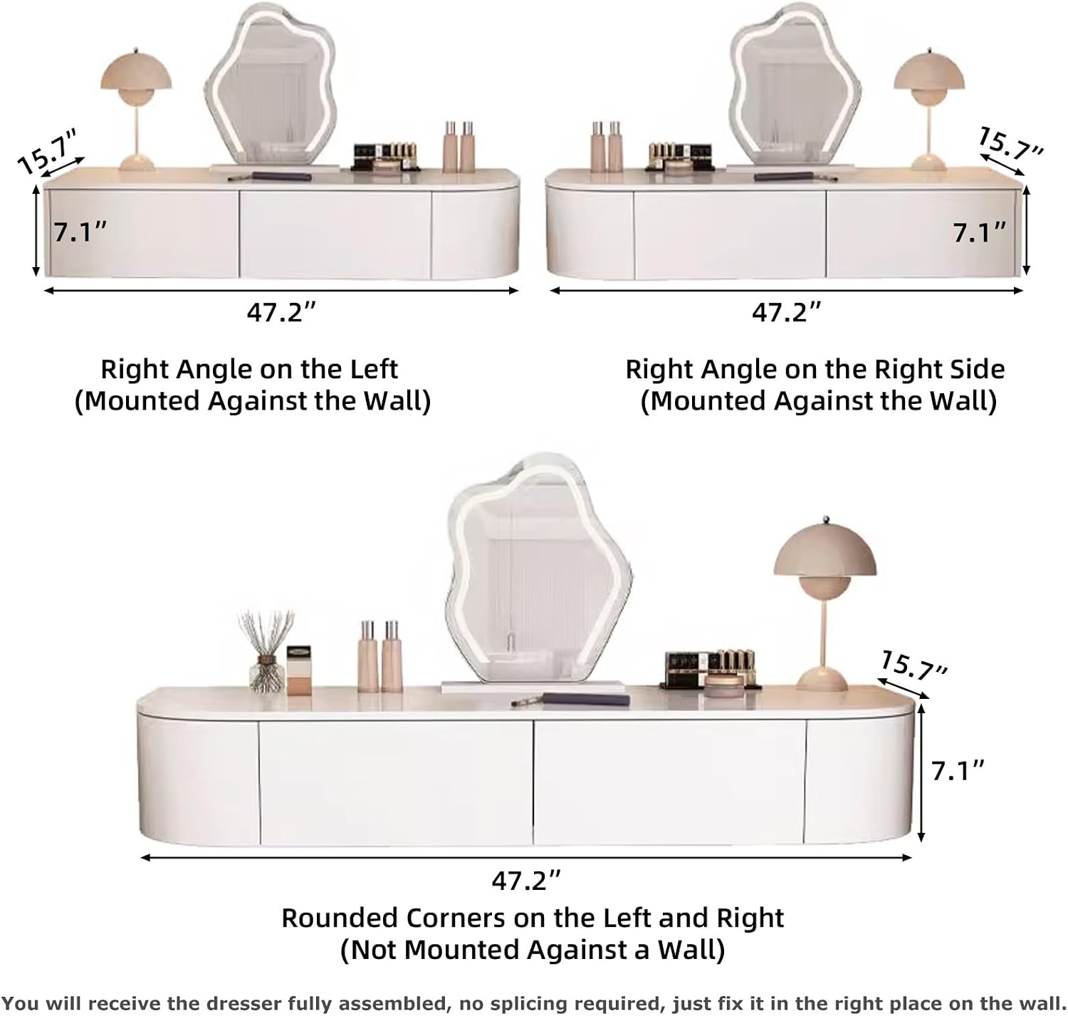 Corner Floating Desk with Drawers, Floating Vanity Makeup Table, Small Wall Mounted Floating Dressing Table Wall Storage Set, Wood Floating Shelf with Drawers, Modern White Vanity with Lighted Mirror(