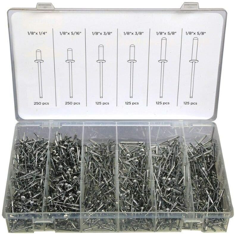 2 pack 1000pc 1/8' Aluminum Blind Pop Rivet Assortment 4 Hand/Air Riveter Gun Rivet Set, Jikkolumlukka