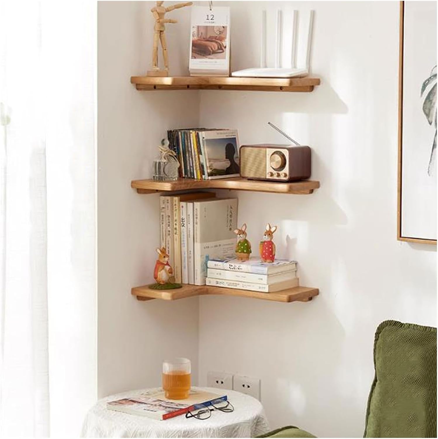 Wall Shelf Solid Wood Corner Floating Shelves Wall Mounted Set of 3, L Shape Wood Display Storage Wall Shelves Rack for Living Room, Bedroom, Office, Bathroom Kitchen & D(Nature A-3pcs-One Size)