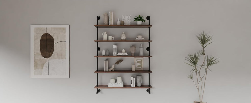 Industrial Pipe Wall Shelves Pipe Shelving with Real Wood Plank ,48 Inches Floating Shelves for Wall Farmhouse Pipe Book Shelves Dark Brown 5 Tier for Kitchen,Living Room Decor and Bar Shelving