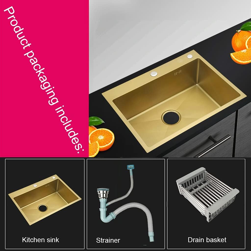 Generic Single Bowl Bar Sink Kitchen Single Bowl Sink with Drain Pipe Drop-in Or Undermount Suitable for Kitchen Courtyard Office Bar Laundry Sink (Color : Gold, Size : 75×45×21cm)