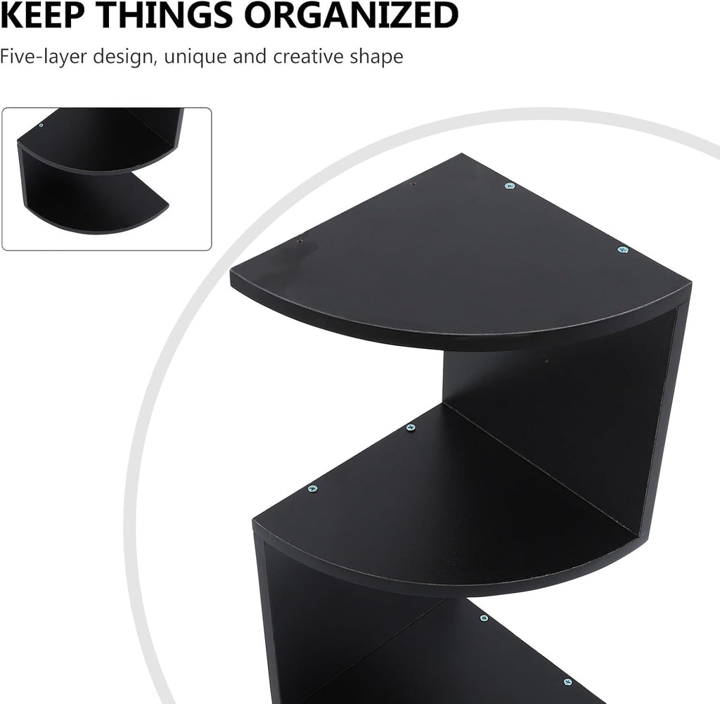 Modern Style Wooden 5-Tier Wall-Mounted Corner Shelf Black, Creative Home Storage Rack for Living Room Bedroom Kitchen, Decorative Floating Bookshelf Organizer