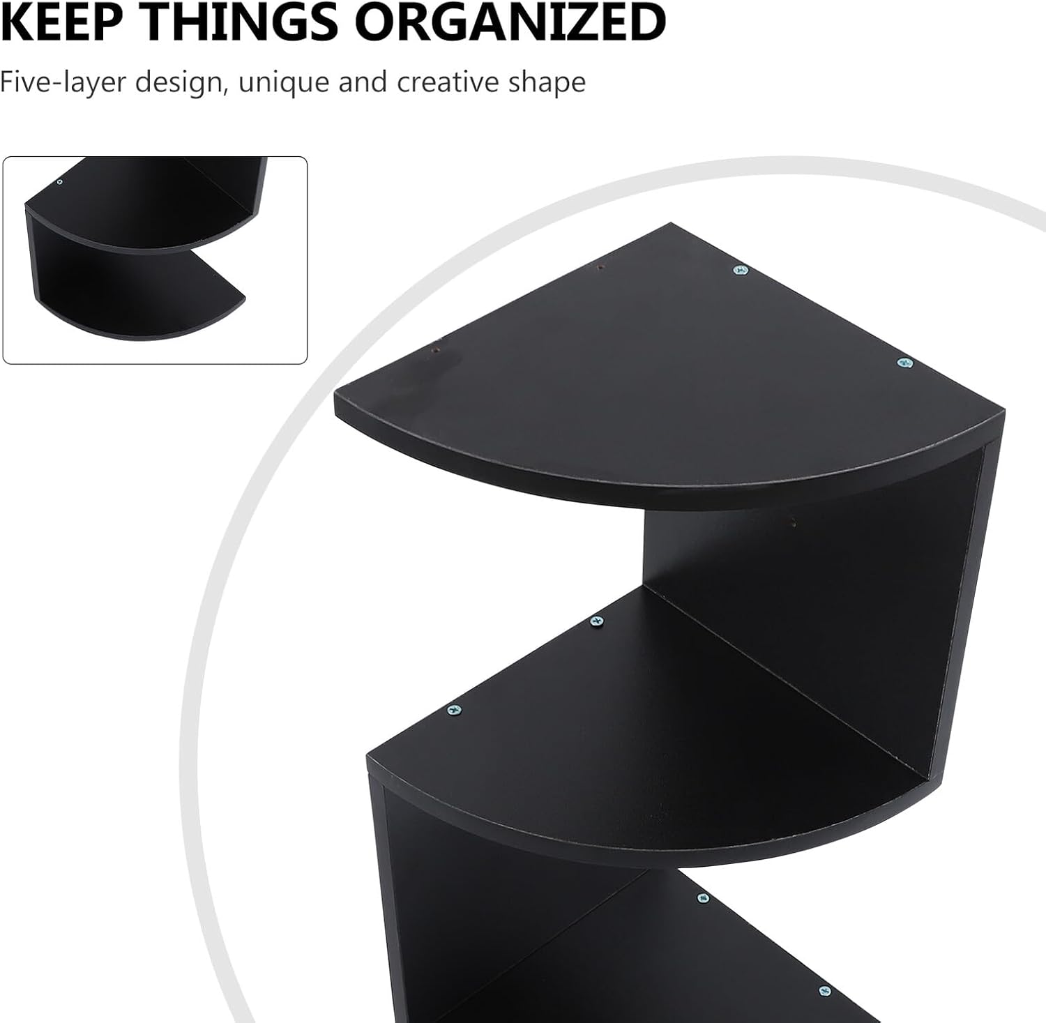 Modern Style Wooden 5-Tier Wall-Mounted Corner Shelf Black, Creative Home Storage Rack for Living Room Bedroom Kitchen, Decorative Floating Bookshelf Organizer