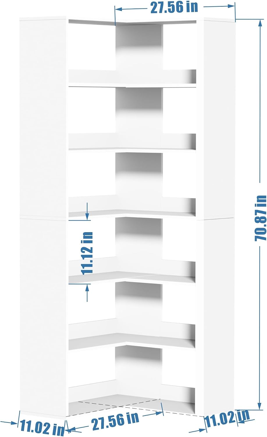 holzart 71' Tall White L-Shaped Corner Bookshelf, 6-Tier Wooden Corner Shelf Stand, Freestanding Display Rack Storage Organizer with Anti-Tip Kit for Living Room, Home Office, 27.6' W x 11' D