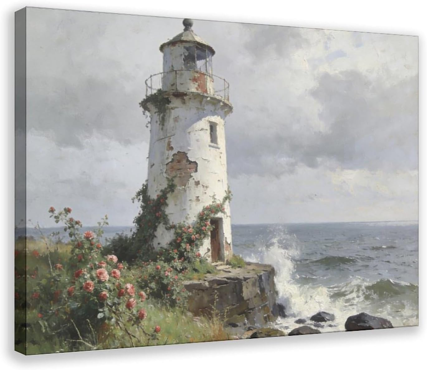 Frame Coastal Lighthouse Wall Art Poster Print, Vintage Rose Garden Seascape Painting, Nautical Ocean Waves Landscape Artwork Rustic Decor 24x36inch(60x90cm)