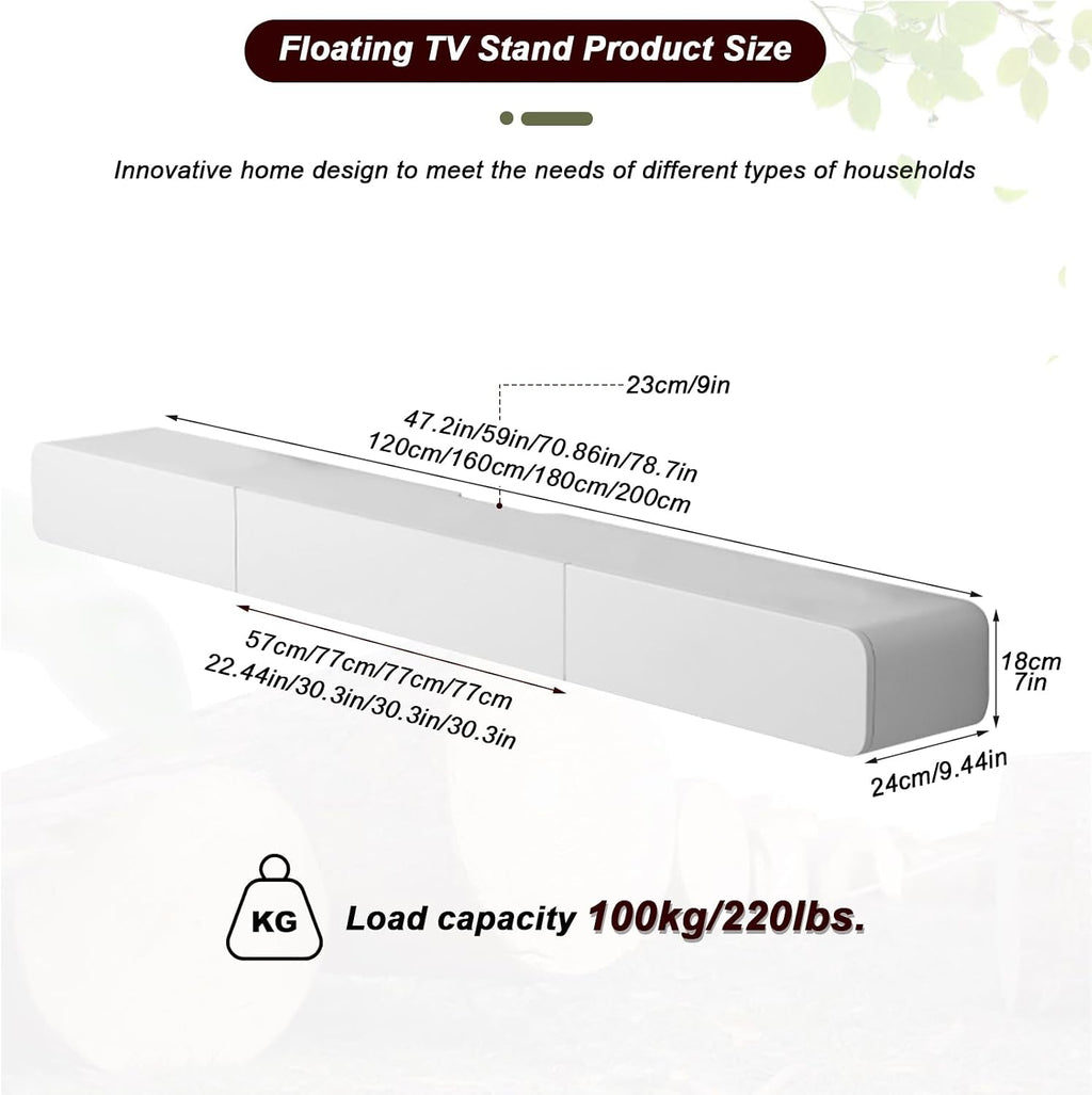 FPIGSHS Wall Mounted Media Console with 2 Drawers Solid Wood Floating TV Stand Hanging TV Shelf Entertainment Center TV Cabinet, for Home Office (B, 180cm/71in)