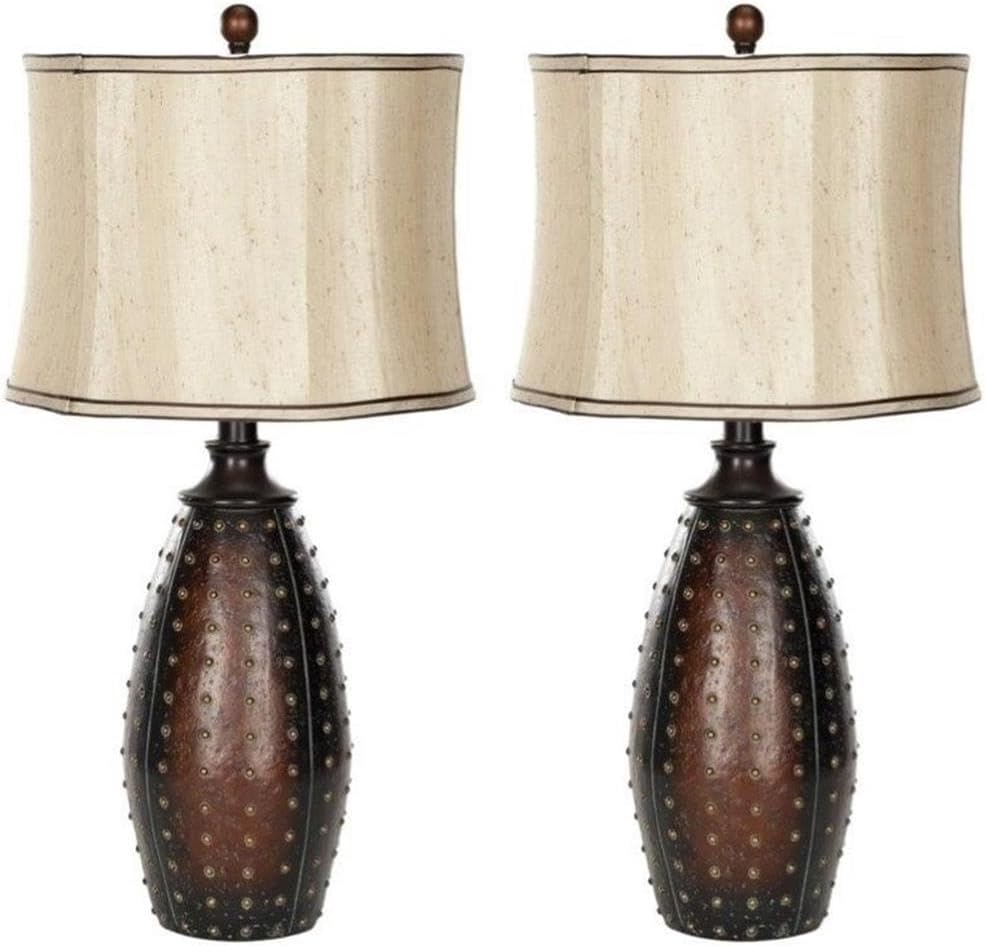 SAFAVIEH Lighting Collection Santa Fe Rustic Brown Studded Faux Leather 29-inch Bedroom Living Room Home Office Desk Nightstand Table Lamp Set of 2 (LED Bulbs Included)