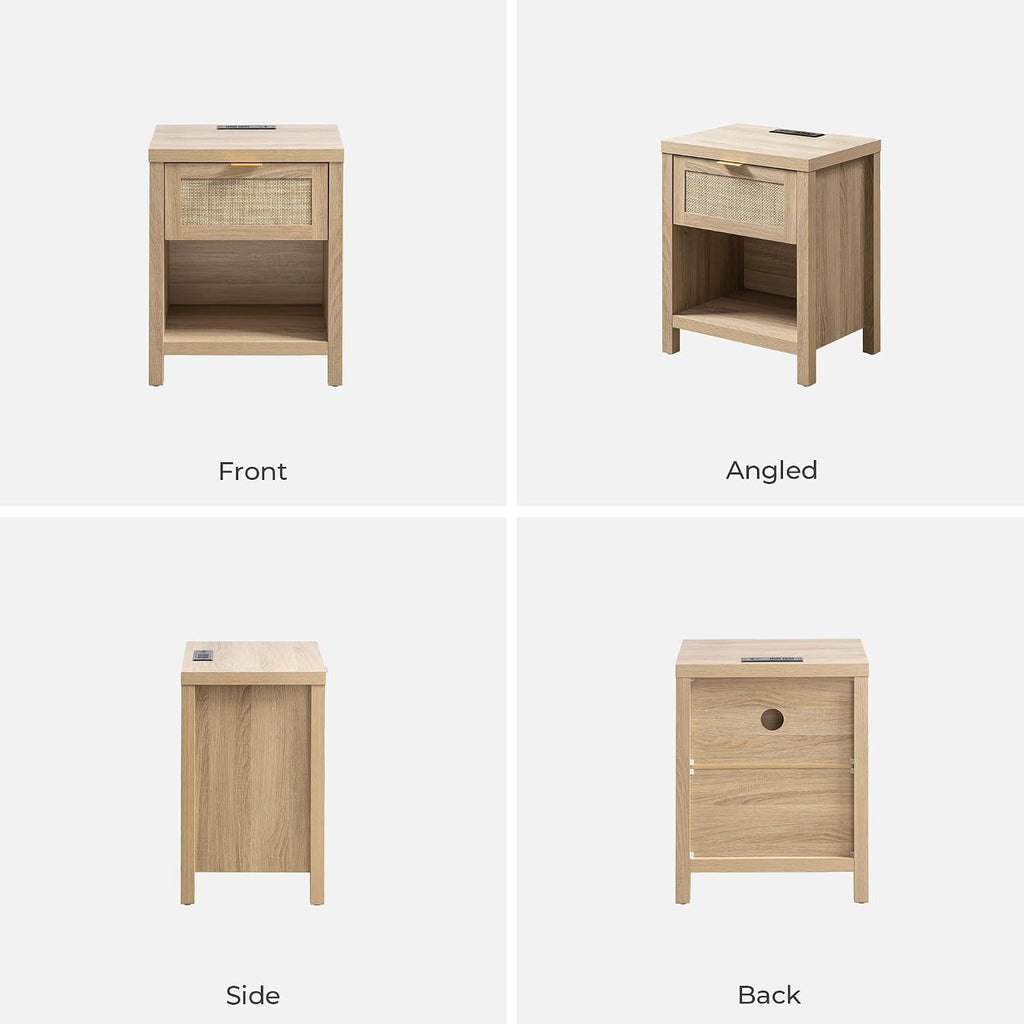 SICOTAS Night Stand Set of 2 with Charger Station Rattan Nightstands with Drawer Farmhouse Bedside Table with USB and Type-C Ports Boho End Side Table for Bedroom Small Space, Light Oak
