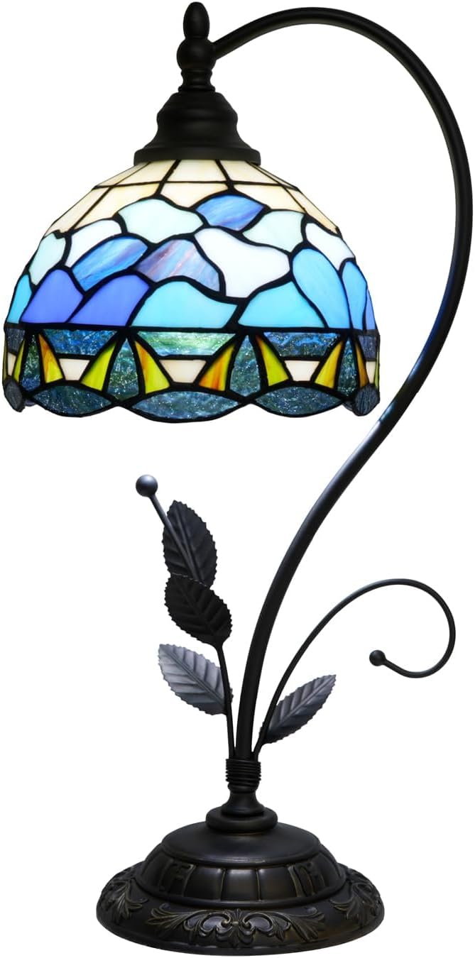 Blue Ocean Shell Style Tiffany Stained Glass Metal Leaf Base Table Lamp Retro Bedroom Bedlight Living Room Dining Room Home Decoration Desk Lamp