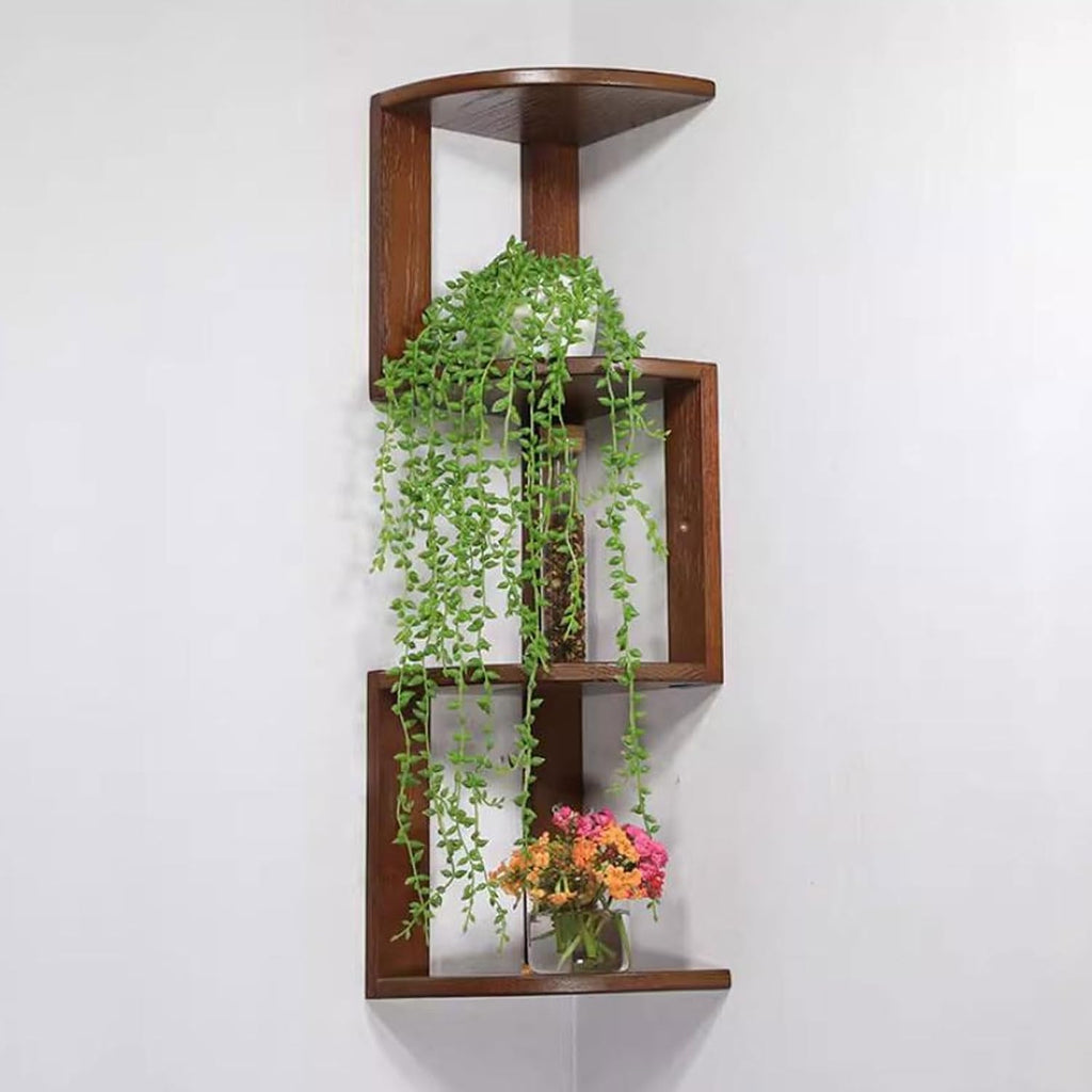 Wall Shelf Floating Corner Shelves for Wall Decor Storage, Solid Wood Wall Storage Shelves Rack 3 Tiers, Wall Mounted Wood Shelves for Home Decor, Bedroom, Living Room, B(Nature-Small)