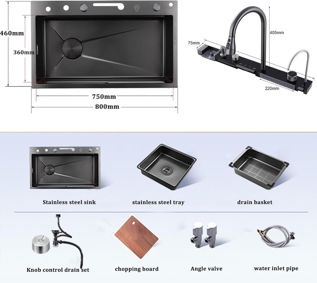 Stainless Steel Sink Black Kitchen Sink Digital Waterfall Faucet Single Bowl Sink with Cup Washer Knob Controlled Drainage (80x46x22cm