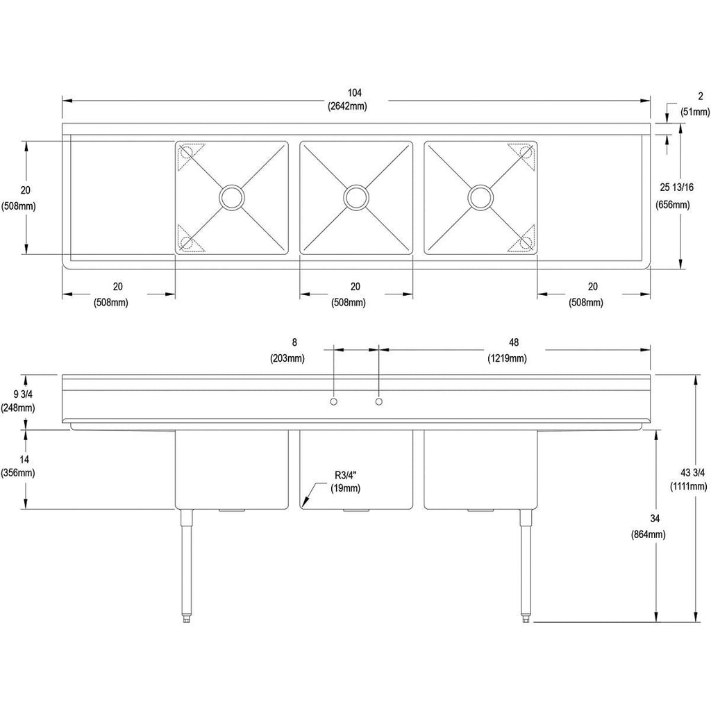 Elkay Foodservice 3 Compartment Sink, 106'X25.75' OA, 36' Working Height, 20X20 Bowl, 14 Deep, 9.75' Backsplash, Left & Right 20 Drainboards, 8' On Center Faucet Hole, Galvinized Legs, Adjustable Feet, 16 Gauge 300 Series Stainless Steel, NSF Certified