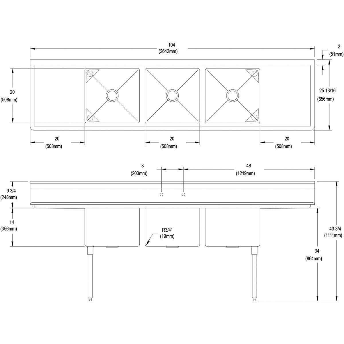 Elkay Foodservice 3 Compartment Sink, 106'X25.75' OA, 36' Working Height, 20X20 Bowl, 14 Deep, 9.75' Backsplash, Left & Right 20 Drainboards, 8' On Center Faucet Hole, Galvinized Legs, Adjustable Feet, 16 Gauge 300 Series Stainless Steel, NSF Certified