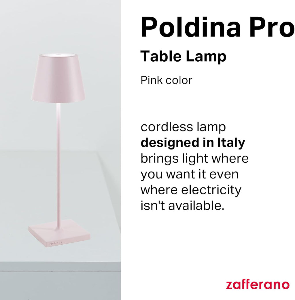 Zafferano, Poldina Pro Lamp, Rechargeable Cordless Table Lamp with Touch Controls, Suitable for Indoor and Outdoor, Dimmer, 2200-3000 K, Height 14.9 Inches, Pink Color