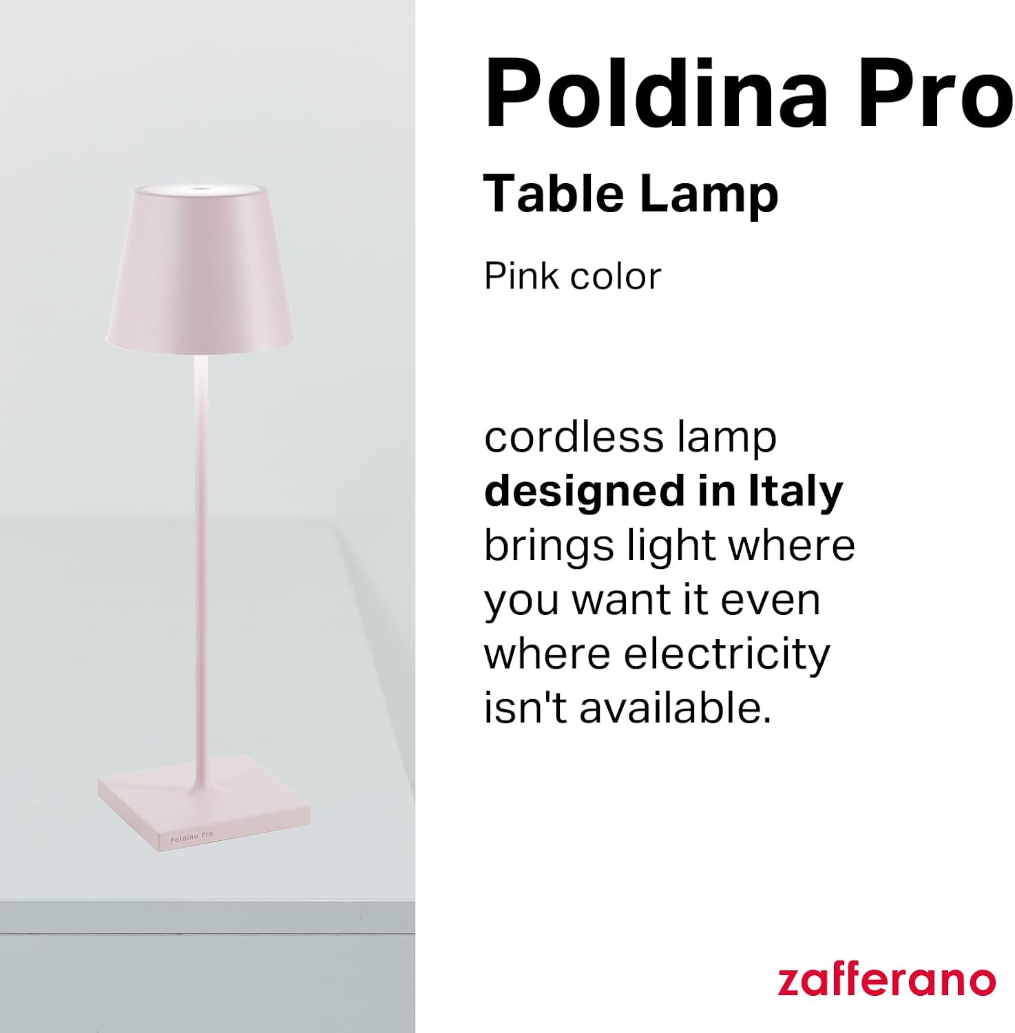 Zafferano, Poldina Pro Lamp, Rechargeable Cordless Table Lamp with Touch Controls, Suitable for Indoor and Outdoor, Dimmer, 2200-3000 K, Height 14.9 Inches, Pink Color