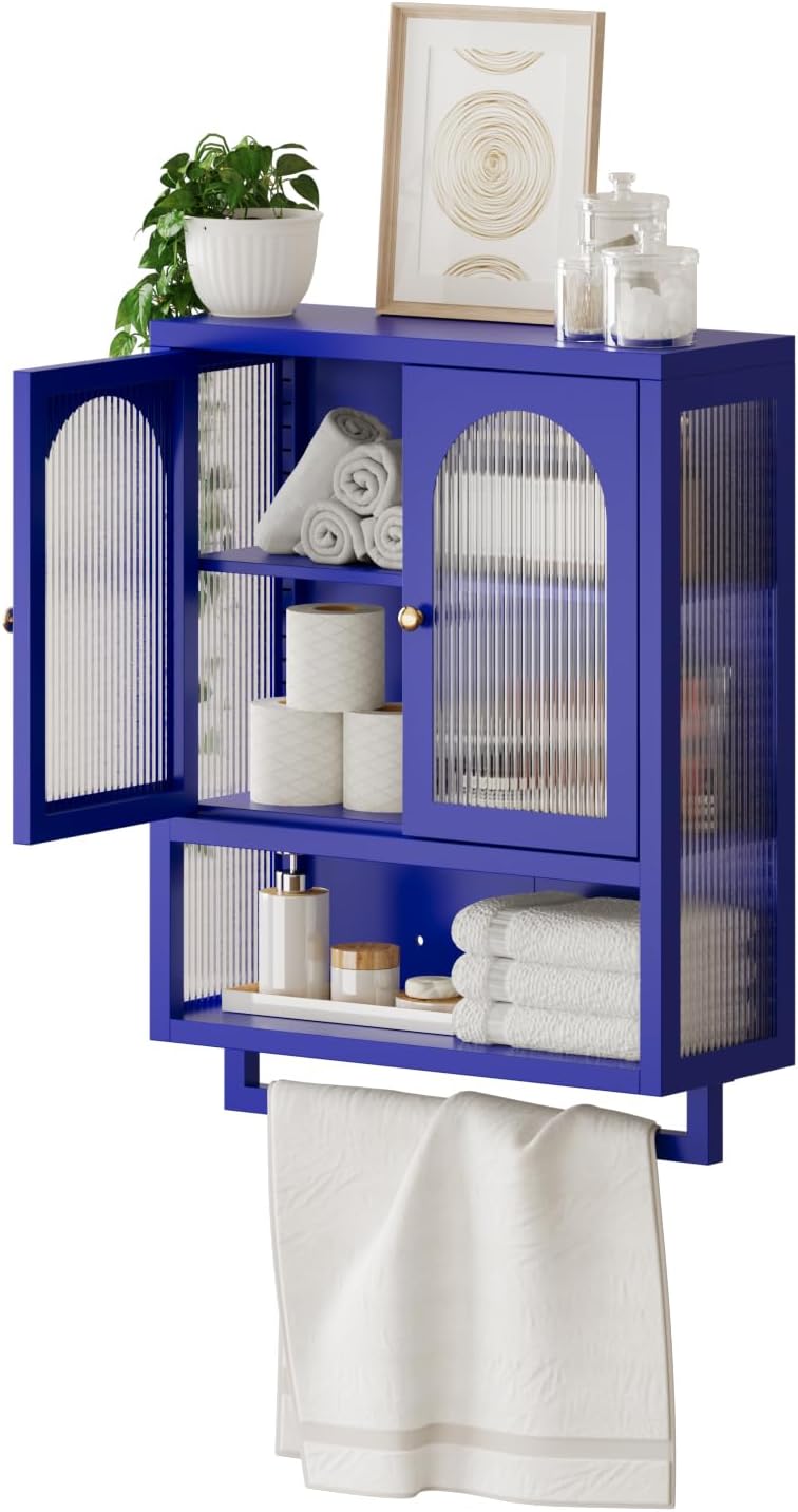 Modern Metal Wall Mount Bathroom Medicine Cabinet Above Toilet Storage with Fluted Glass Doors Towel Bar & Adjustable Shelves for Bathroom, Kitchen, Laundry Room, Dining Room, Blue