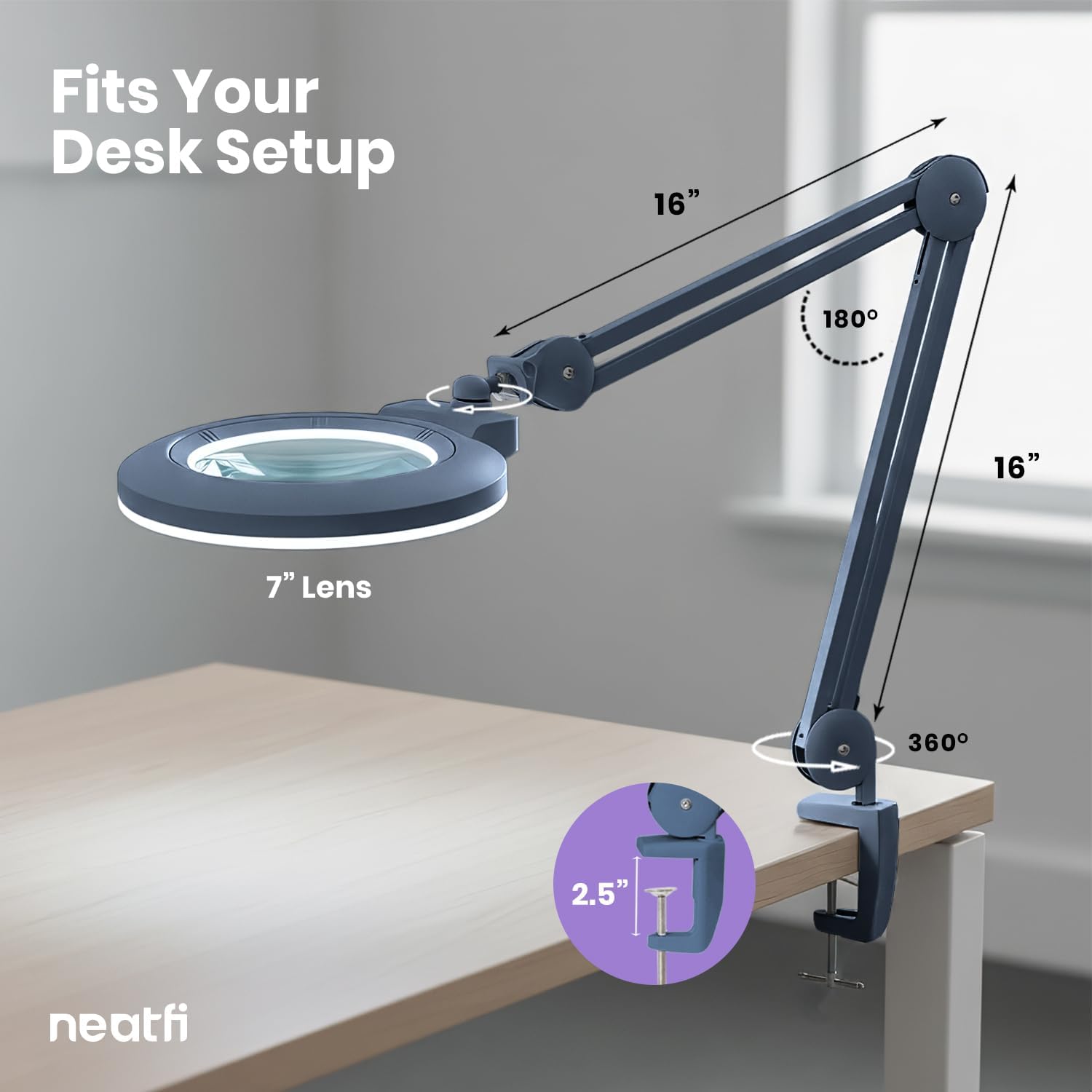 Neatfi XL Bifocal LED Magnifying Lamp, 7' Acrylic Lens, 2.25X/6X Magnification, 1,600 Lumens Dimmable | Hands-Free Close Work | Crafting, Jewelry & Reading (Gray, 7-inch Lens, Non-CCT with Clamp)