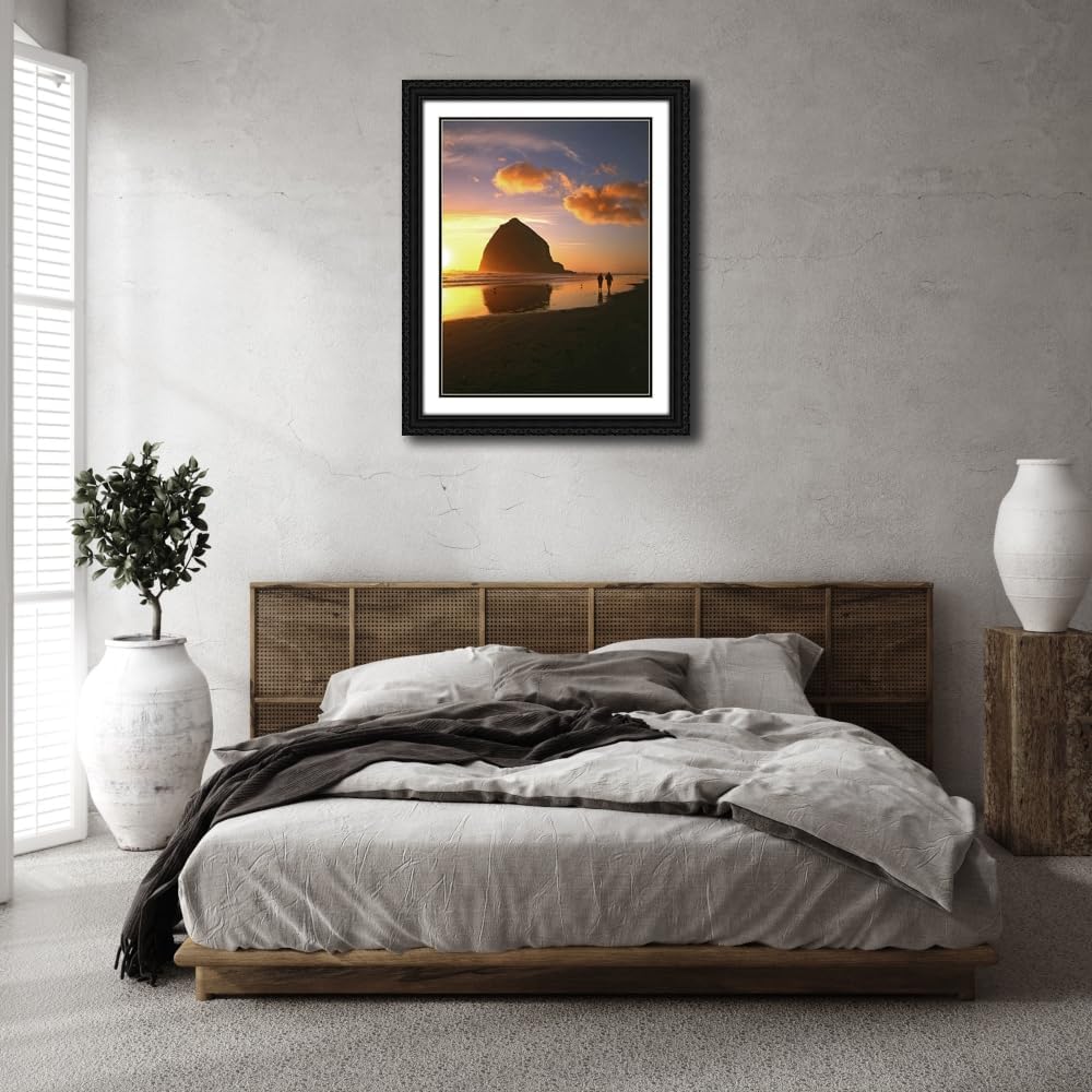 ArtDirect Terrill, Steve 28x36 XL Black Ornate Framed and Double Matted Museum Art Print Titled OR, Cannon Beach Couple by Haystack Rock, sunset