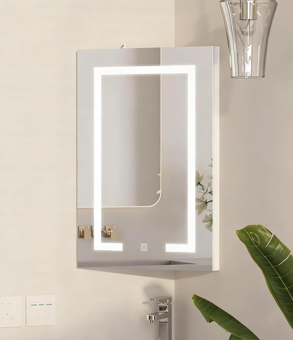 Corner Medicine Cabinet with Mirror,Lighted Medicine Cabinet with 2 Storage Shelf, 24' Bathroom Mirror Cabinet,Wall Mounted,Opens Right to Left,White,24' x16'